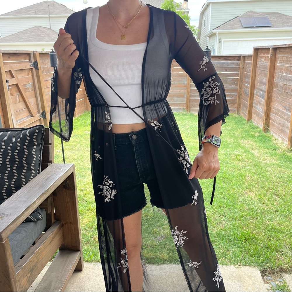Black Sheer Floral Kimono